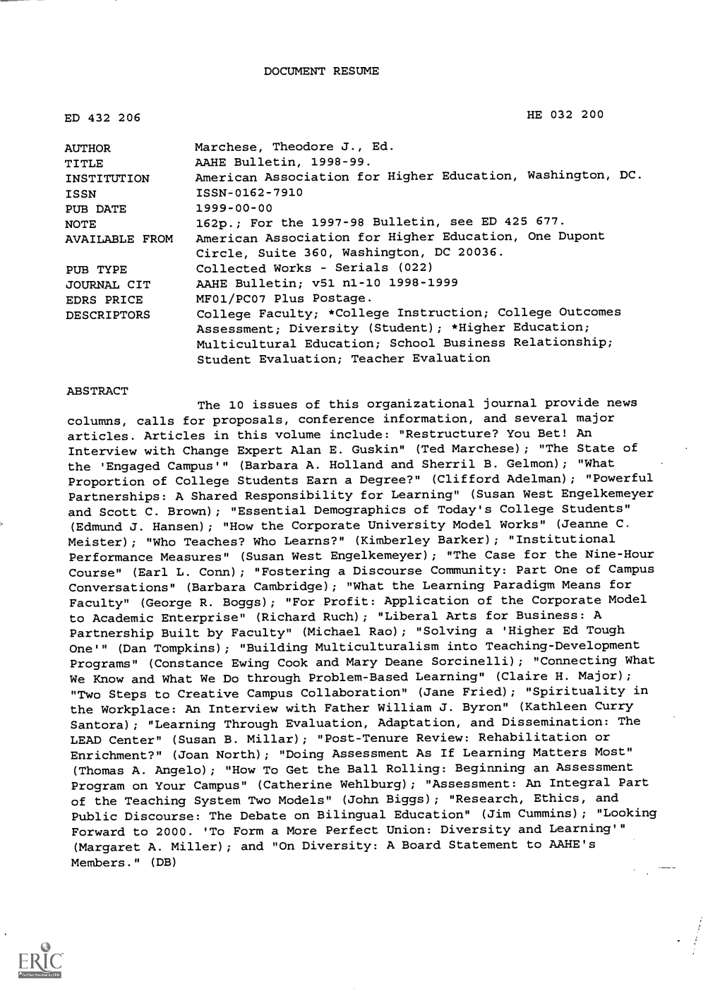 AAHE Bulletin, 1998-99. INSTITUTION American Association for Higher Education, Washington, DC