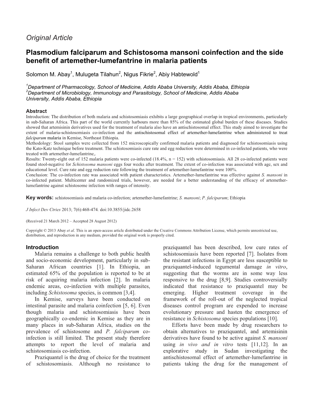 Plasmodium Falciparum and Schistosoma Mansoni Coinfection and the Side Benefit of Artemether-Lumefantrine in Malaria Patients