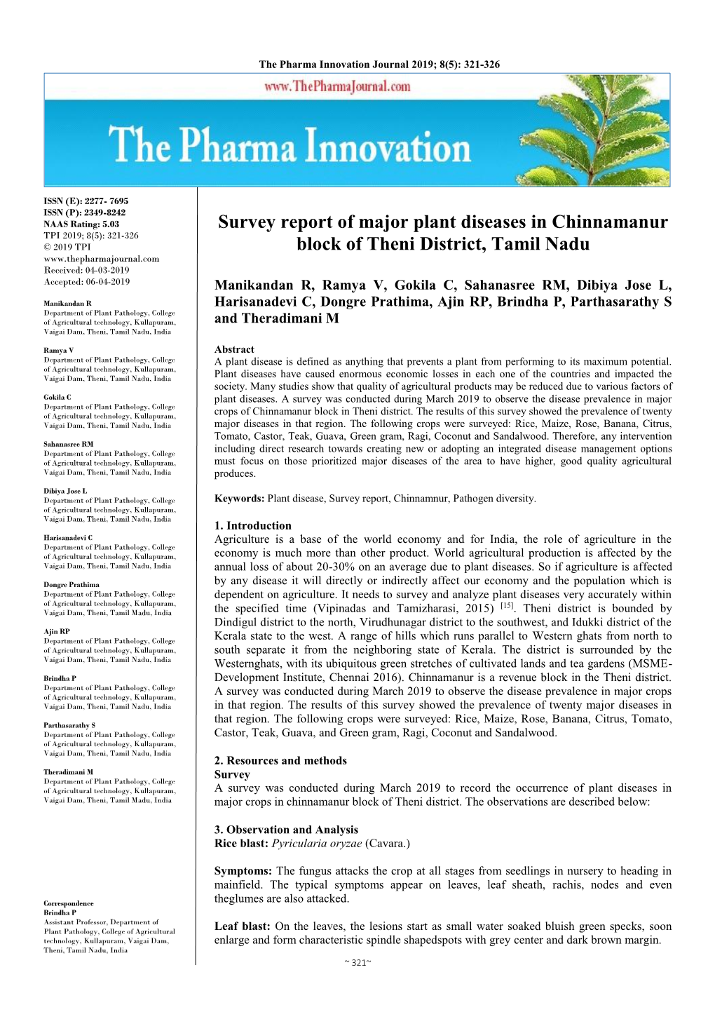 Survey Report of Major Plant Diseases in Chinnamanur Block of Theni District, Tamil Nadu