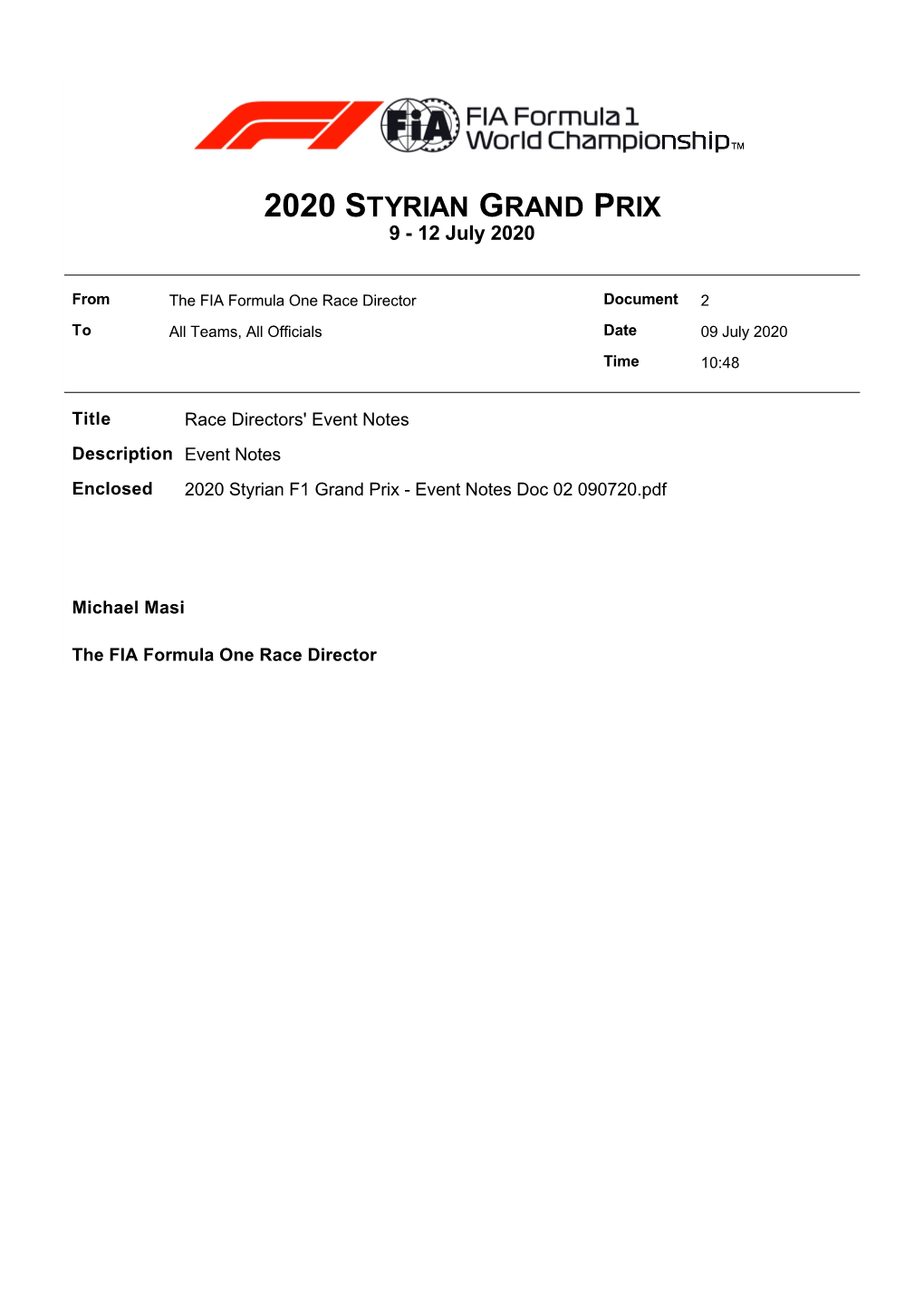 2020 STYRIAN GRAND PRIX 9 - 12 July 2020