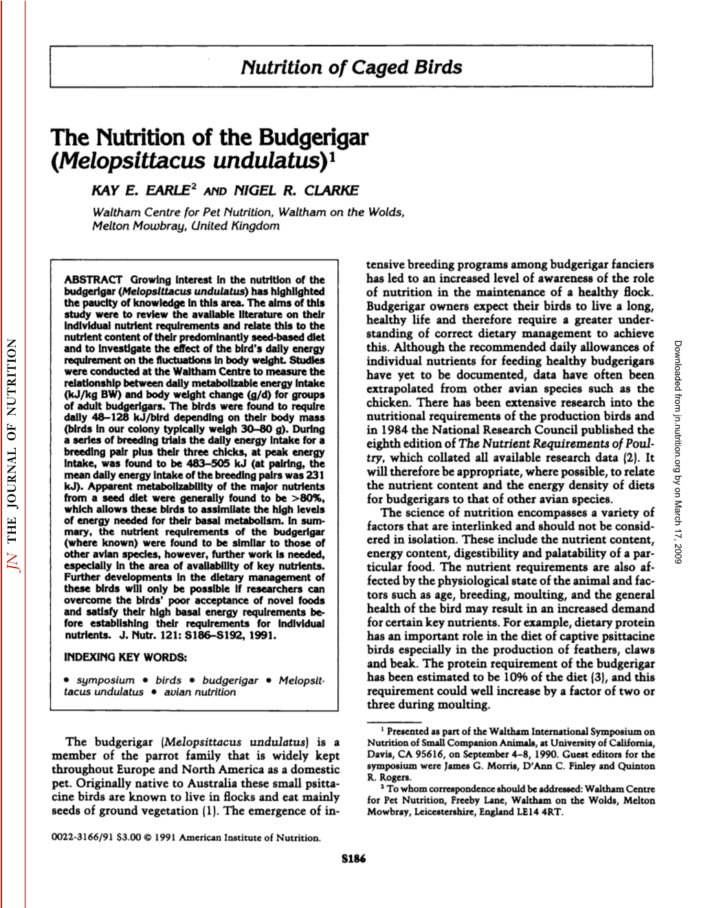 The Nutrition of the Budgerigar (Melopsittacus Undulatus)1 KAY E