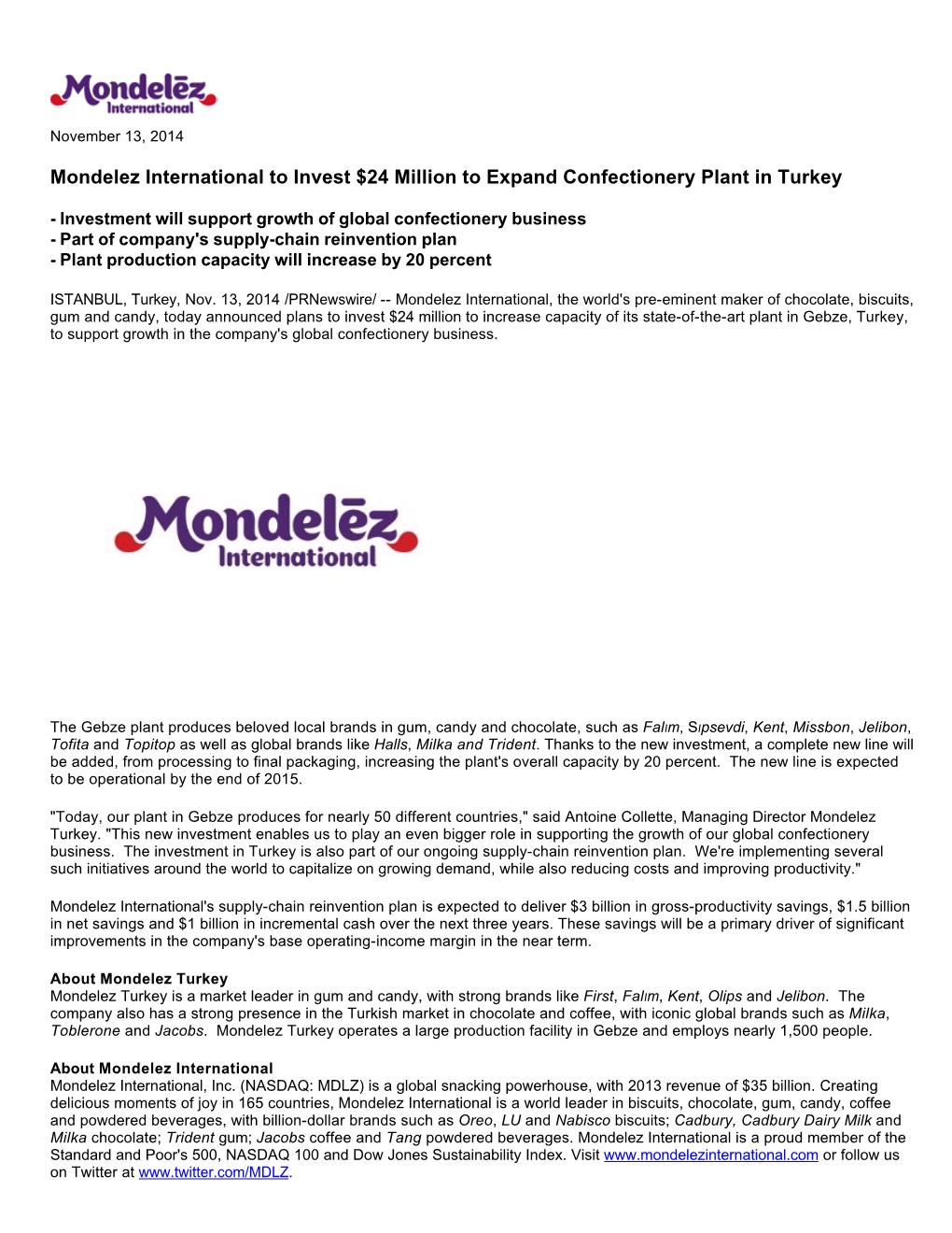 Mondelez International to Invest $24 Million to Expand Confectionery Plant in Turkey