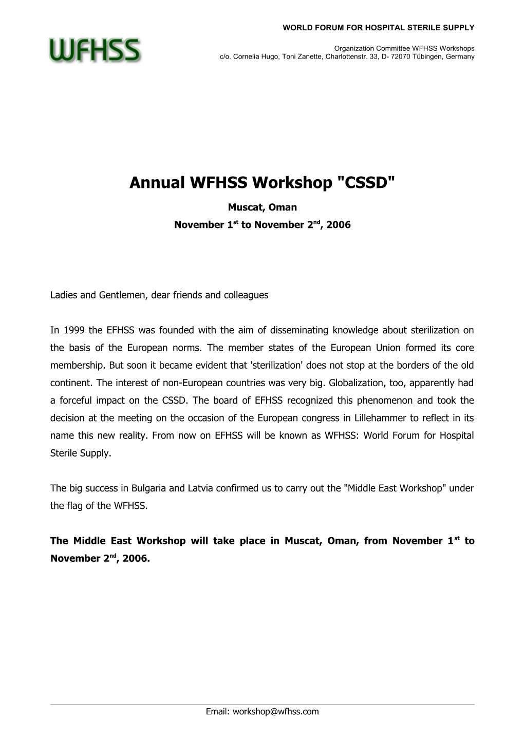 Annual WFHSS Workshop CSSD 2006 in Muscat, Oman - Invitation