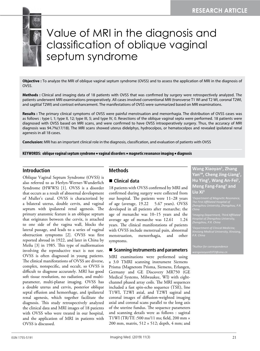 Value of MRI in the Diagnosis and Classification of Oblique Vaginal Septum Syndrome