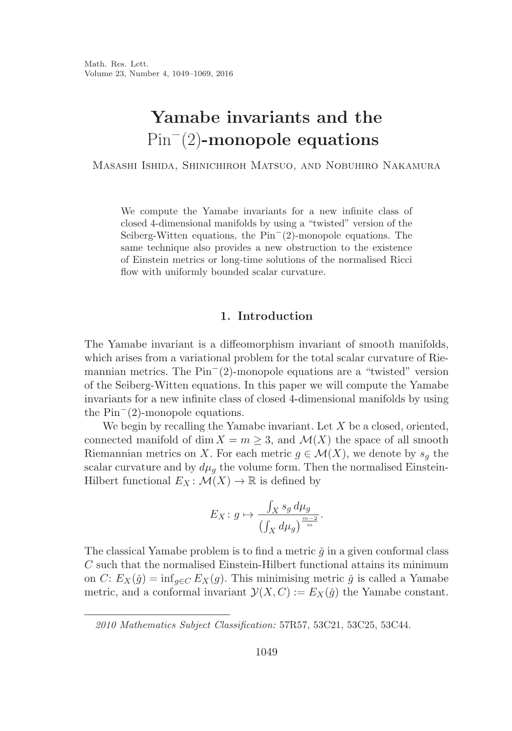 Yamabe Invariants and the Pin−(2)-Monopole Equations Masashi Ishida, Shinichiroh Matsuo, and Nobuhiro Nakamura