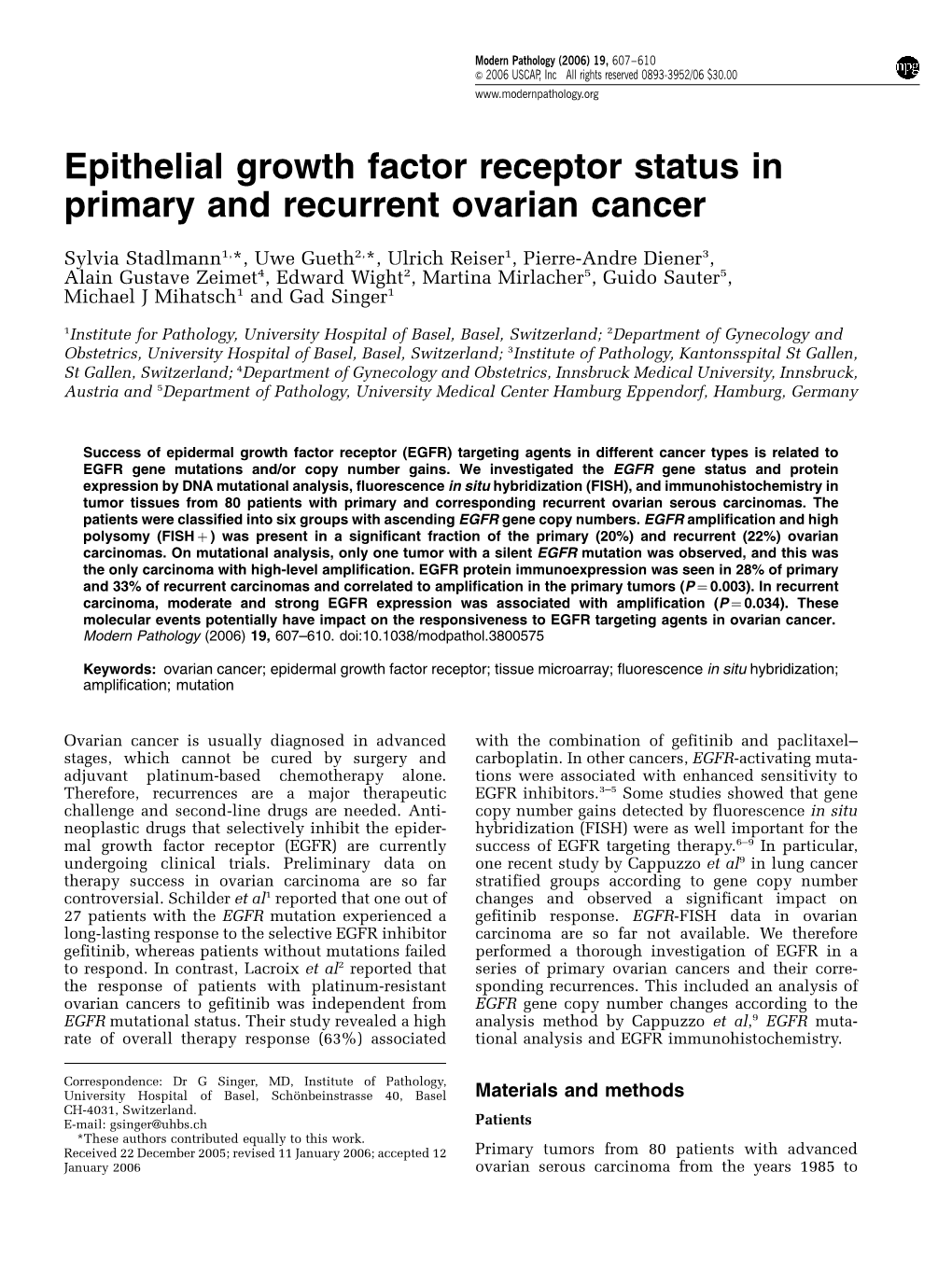 Epithelial Growth Factor Receptor Status in Primary and Recurrent Ovarian Cancer