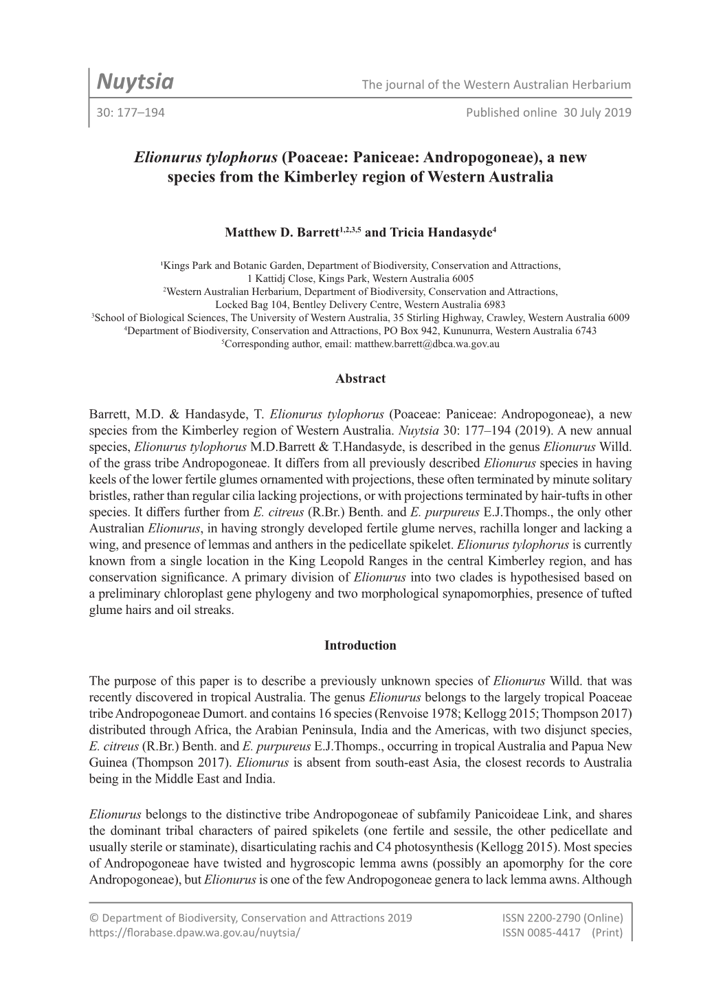 Nuytsia the Journal of the Western Australian Herbarium 30: 177–194 Published Online 30 July 2019