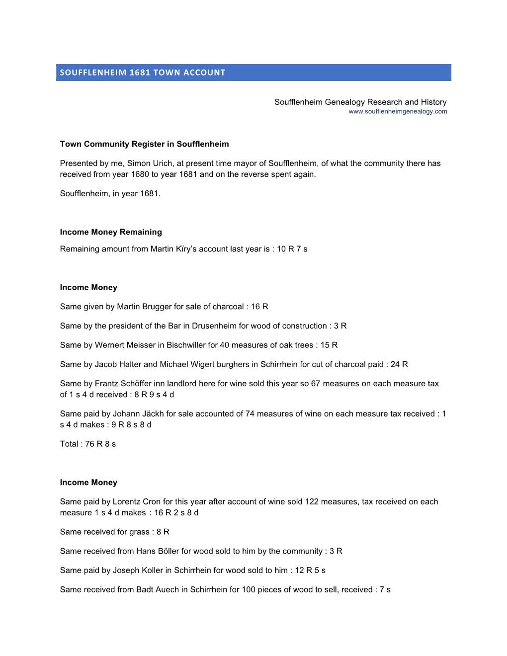 Soufflenheim 1681 Town Account