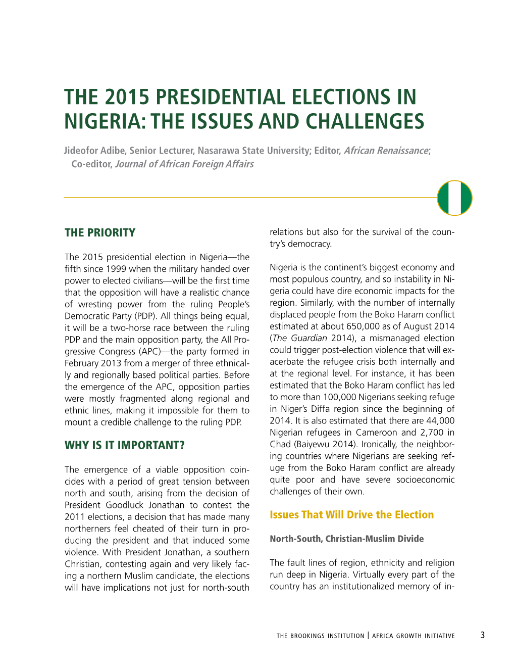 The 2015 Presidential Elections in Nigeria: the Issues and Challenges