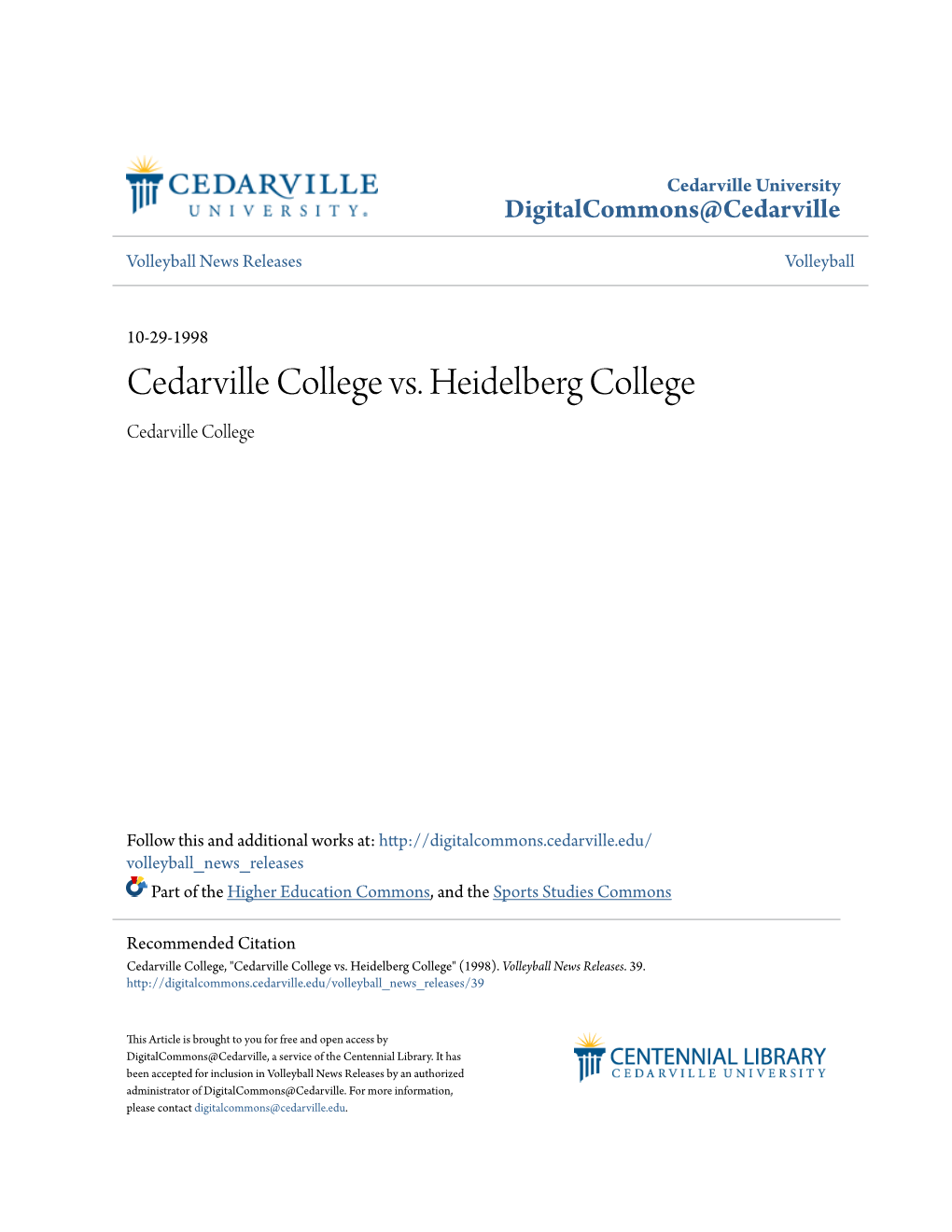 Cedarville College Vs. Heidelberg College Cedarville College