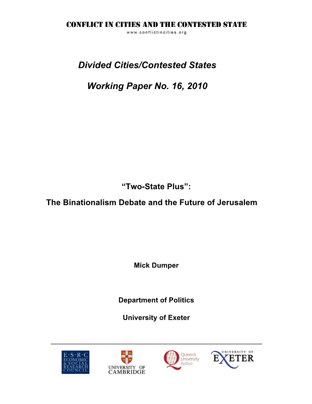 The Binationalism Debate and the Future of Jerusalem