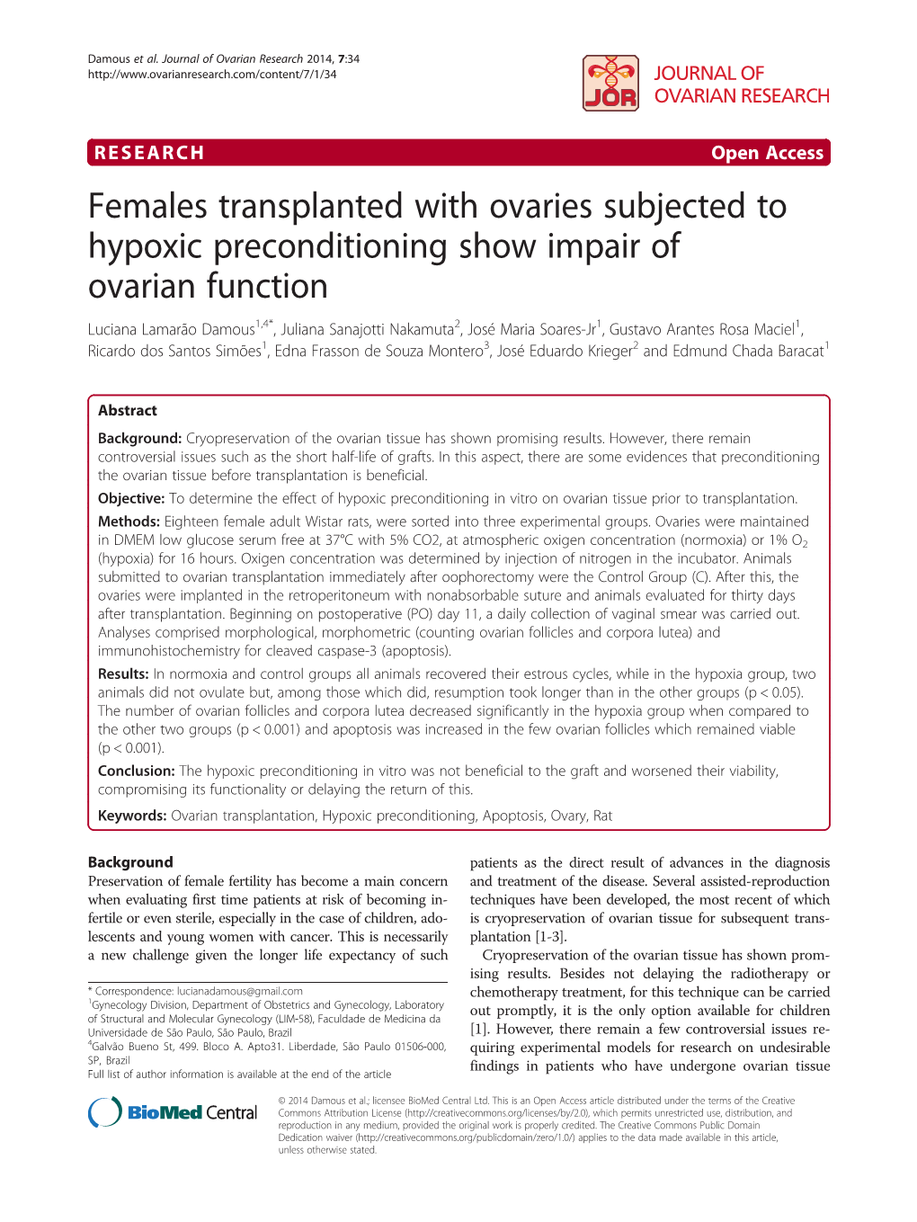 Females Transplanted with Ovaries Subjected to Hypoxic