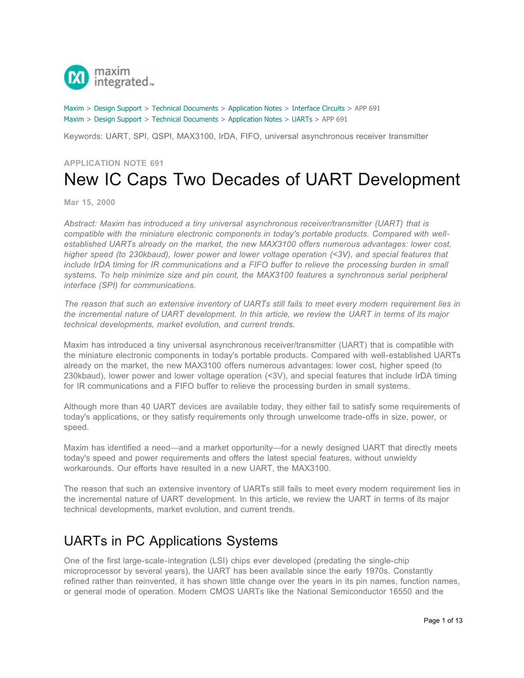 New IC Caps Two Decades of UART Development