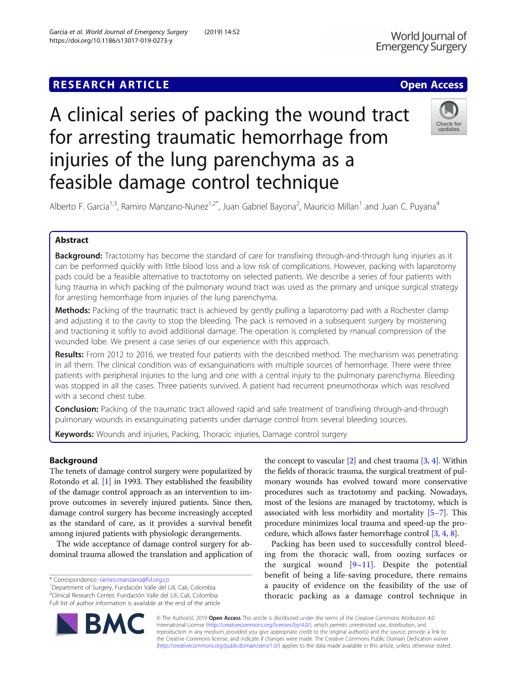 A Clinical Series of Packing the Wound Tract for Arresting Traumatic Hemorrhage from Injuries of the Lung Parenchyma As a Feasible Damage Control Technique Alberto F