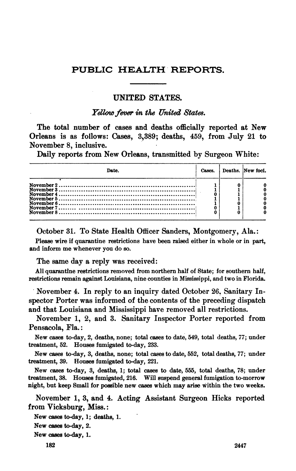 UNITED STATES. Yellowfever in the United States. November 1, 2, and 3. Sanitary Inspector Porter Reported From