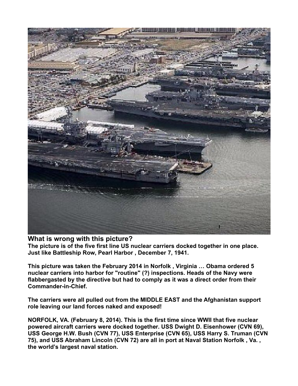 What Is Wrong with This Picture? the Picture Is of the Five First Line US Nuclear Carriers Docked Together in One Place