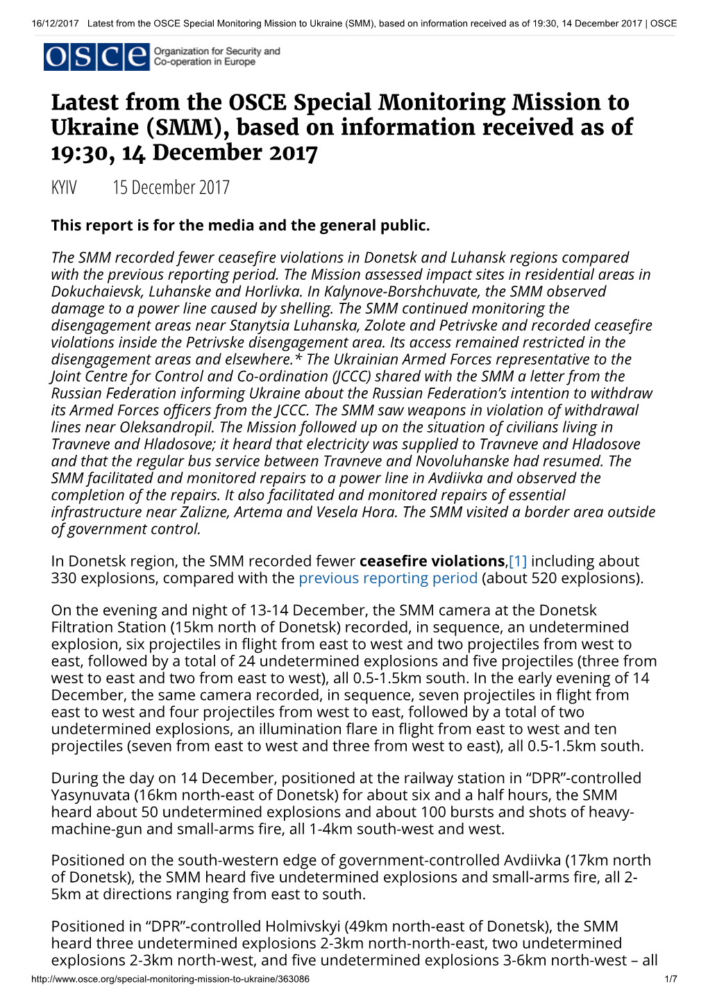 Latest from the OSCE Special Monitoring Mission to Ukraine (SMM), Based on Information Received As of 19:30, 14 December 2017 | OSCE