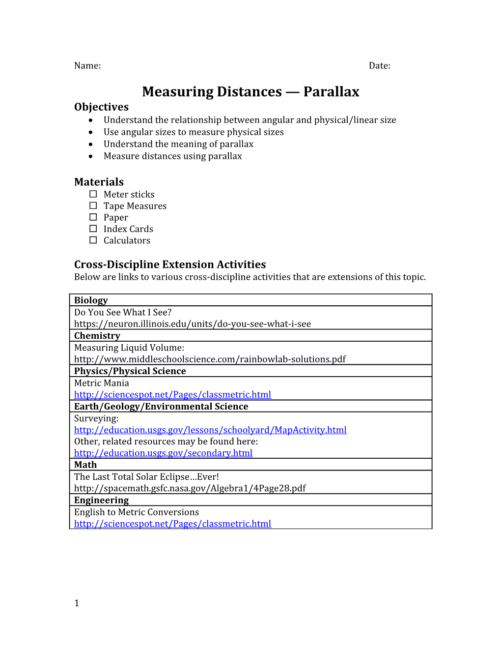 Measuring Distances Parallax