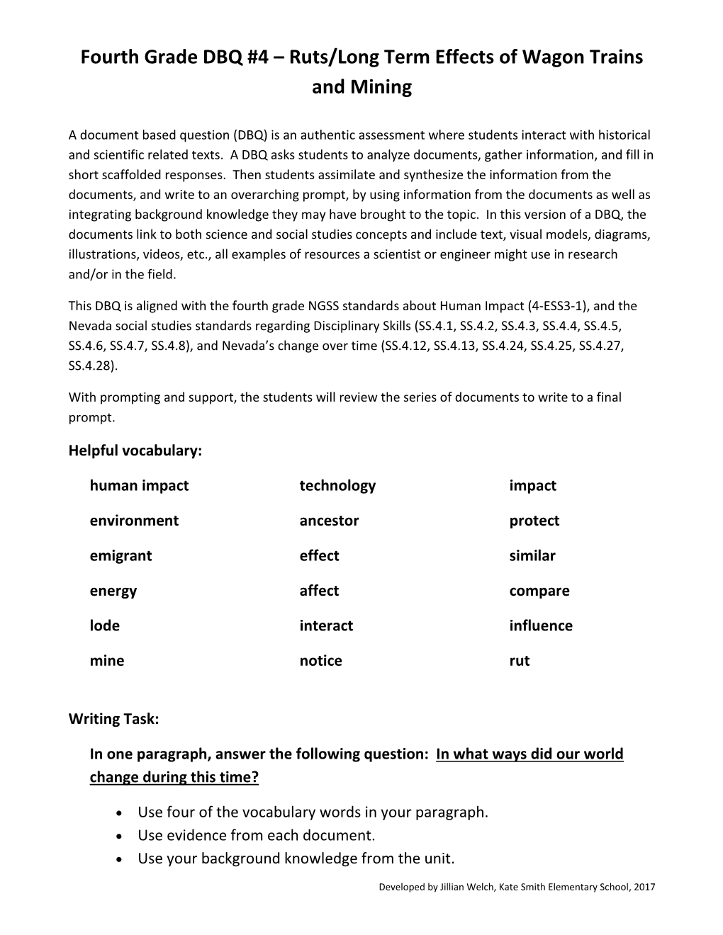 Fourth Grade DBQ #4 – Ruts/Long Term Effects of Wagon Trains and Mining