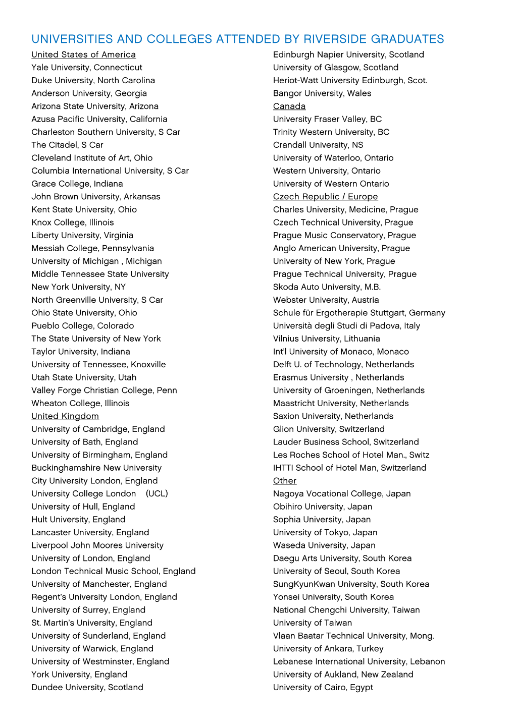 Universities and Colleges Attended by Riverside