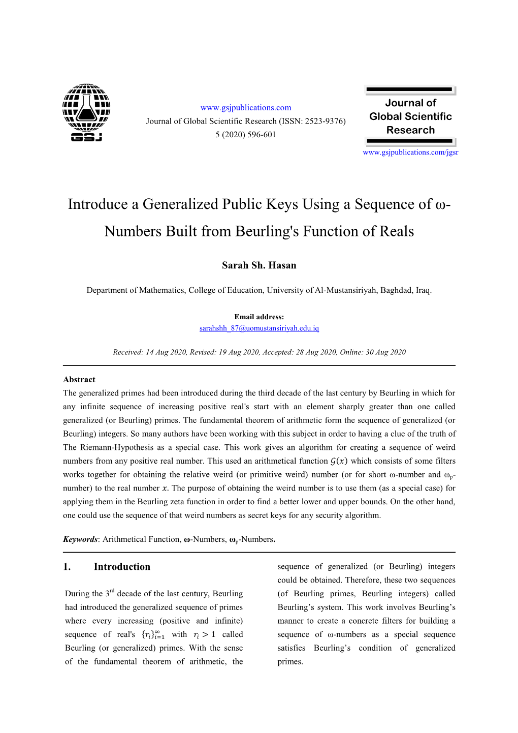 Introduce a Generalized Public Keys Using a Sequence of Ω- Numbers Built from Beurling's Function of Reals