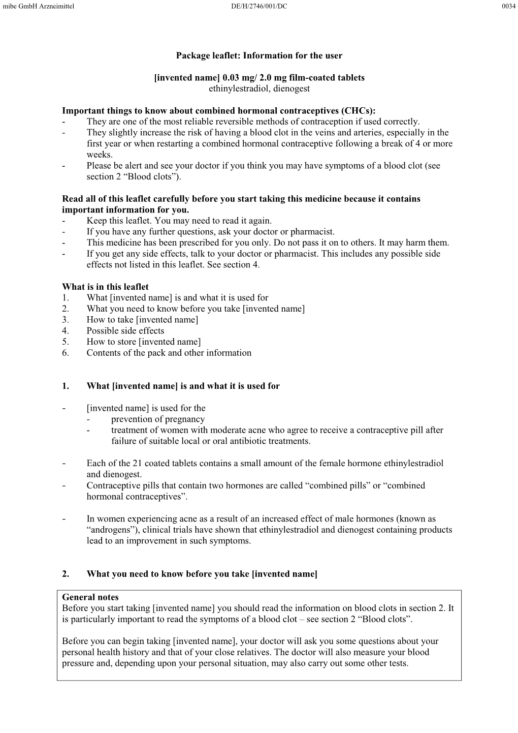 Package Leaflet: Information for the User [Invented Name] 0.03 Mg/ 2.0 Mg Film-Coated Tablets Ethinylestradiol, Dienogest Import