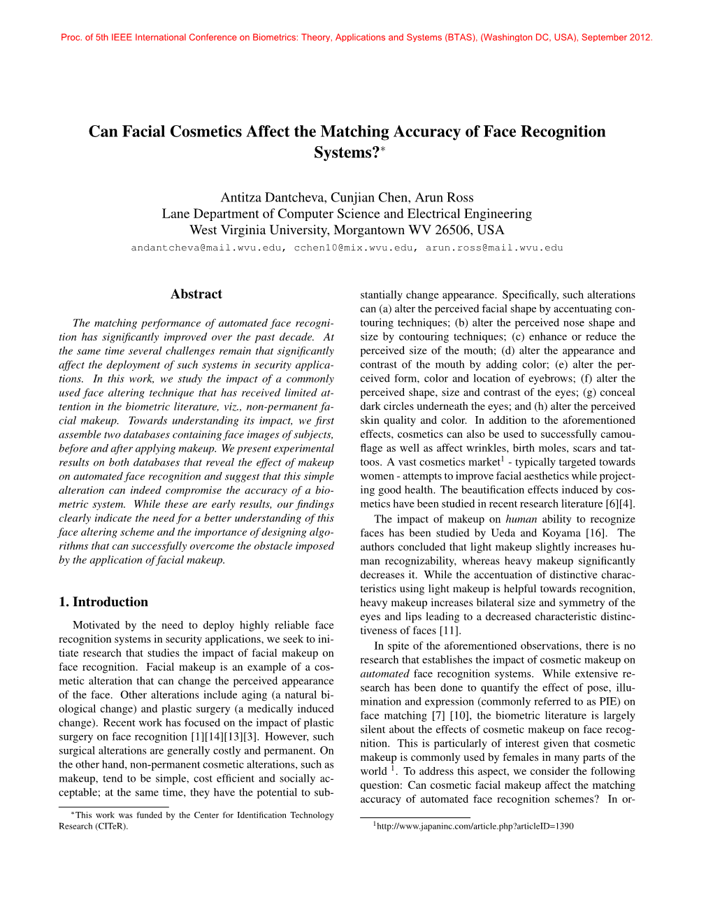 Can Facial Cosmetics Affect the Matching Accuracy of Face Recognition Systems?∗