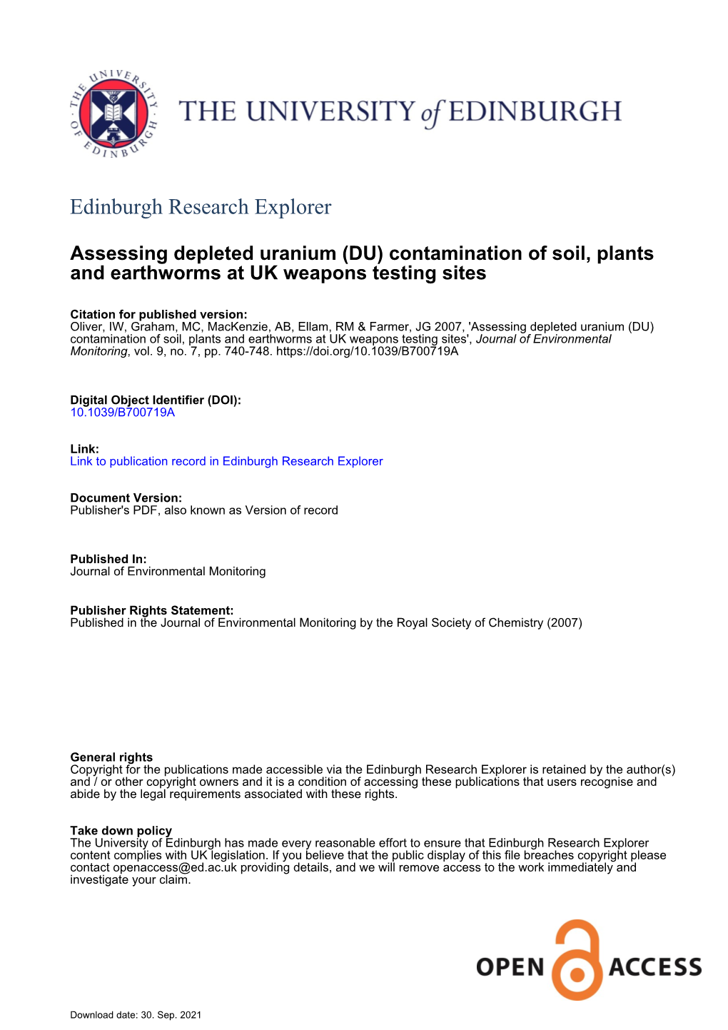 Assessing Depleted Uranium (DU) Contamination of Soil, Plants and Earthworms at UK Weapons Testing Sites