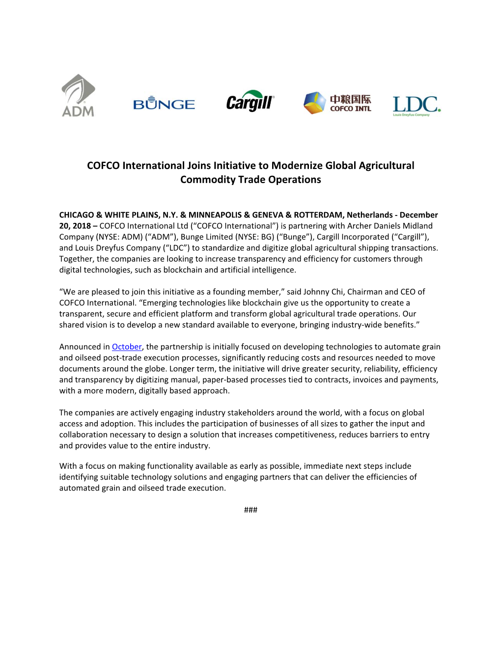 COFCO International Joins Initiative to Modernize Global Agricultural Commodity Trade Operations