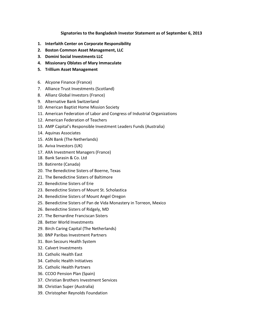 Signatories to the Bangladesh Investor Statement As of September 6, 2013