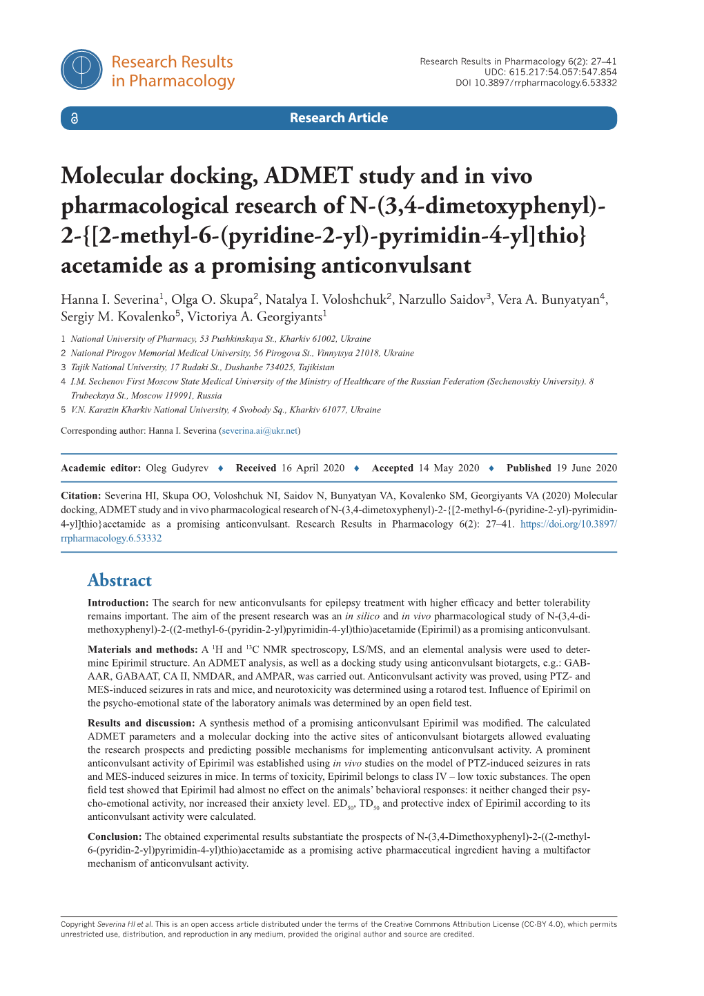Molecular Docking, ADMET Study and in Vivo Pharmacological Research of N