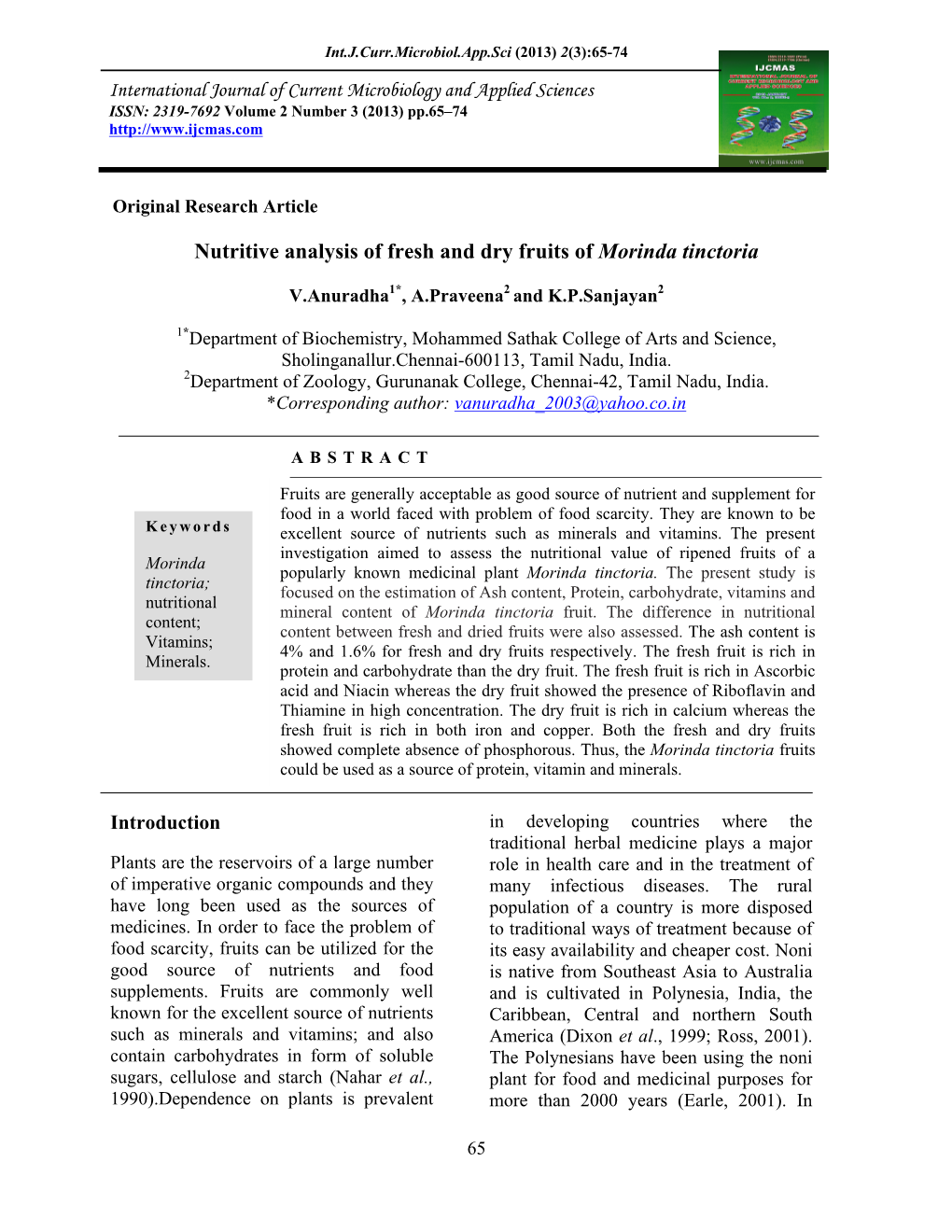 Nutritive Analysis of Fresh and Dry Fruits of Morinda Tinctoria