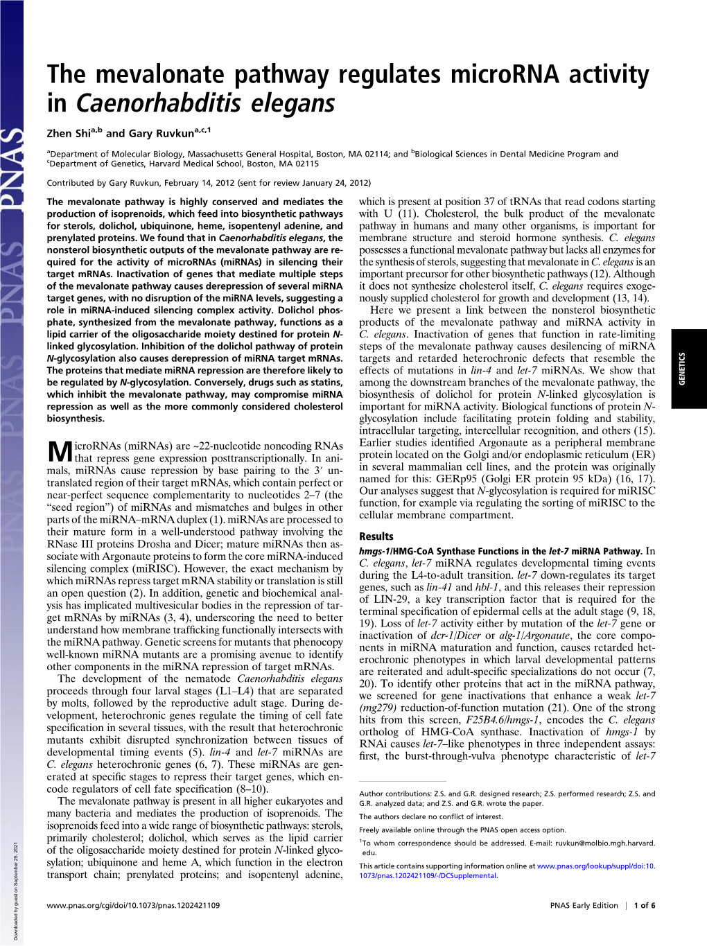 The Mevalonate Pathway Regulates Microrna Activity in Caenorhabditis Elegans