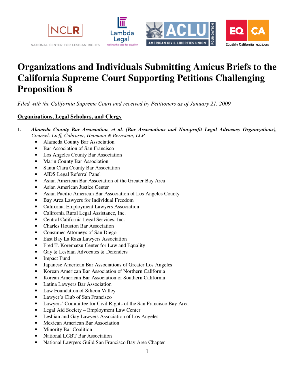 Organizations and Individuals Submitting Amicus Briefs to the California Supreme Court Supporting Petitions Challenging Proposition 8