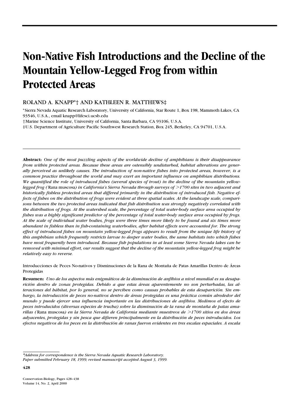 Non-Native Fish Introductions and the Decline of the Mountain Yellow-Legged Frog from Within Protected Areas