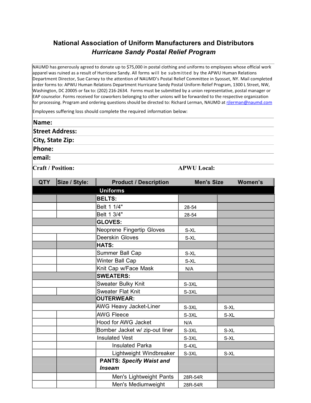 National Association of Uniform Manufacturers and Distributors Hurricane Sandy Postal Relief Program