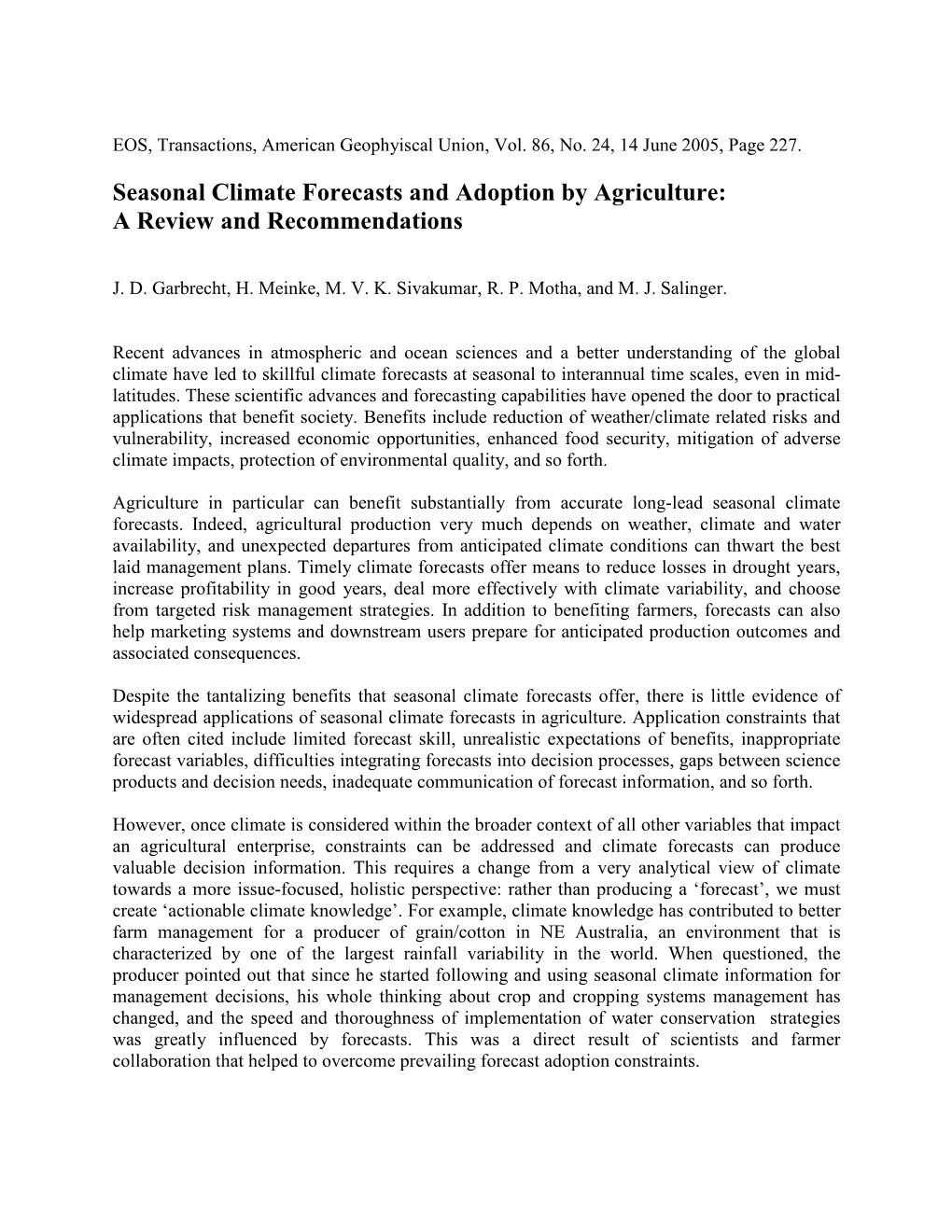 Seasonal Climate Forecasts and Adoption by Agriculture: a Review and Recommendations