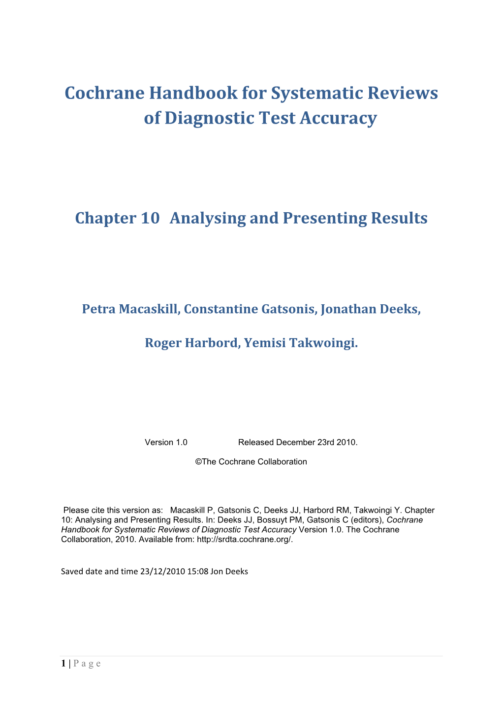 Cochrane Handbook for Systematic Reviews of Diagnostic Test Accuracy