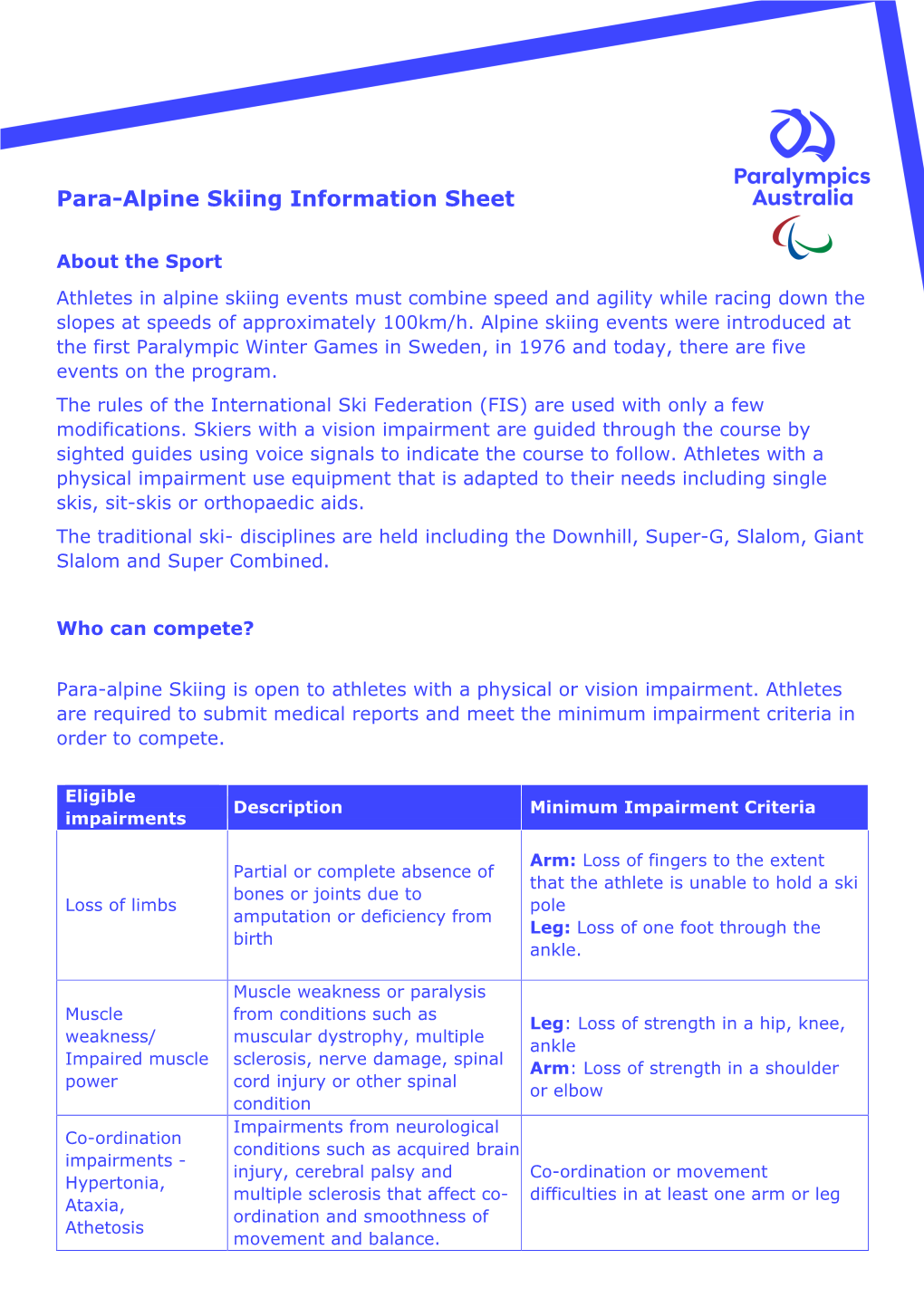 Para-Alpine Skiing Information Sheet