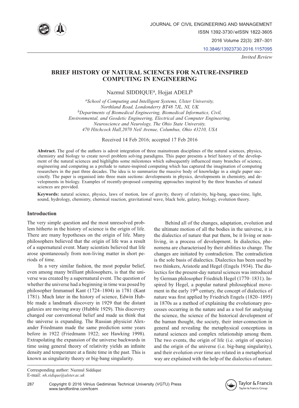 Brief History of Natural Sciences for Nature-Inspired Computing in Engineering