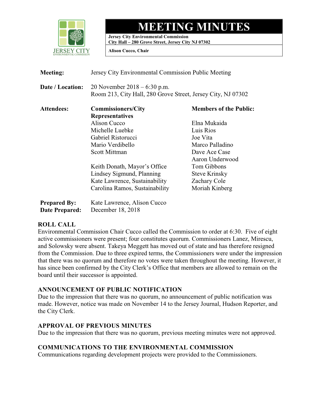 MEETING MINUTES Jersey City Environmental Commission City Hall – 280 Grove Street, Jersey City NJ 07302 Alison Cucco, Chair