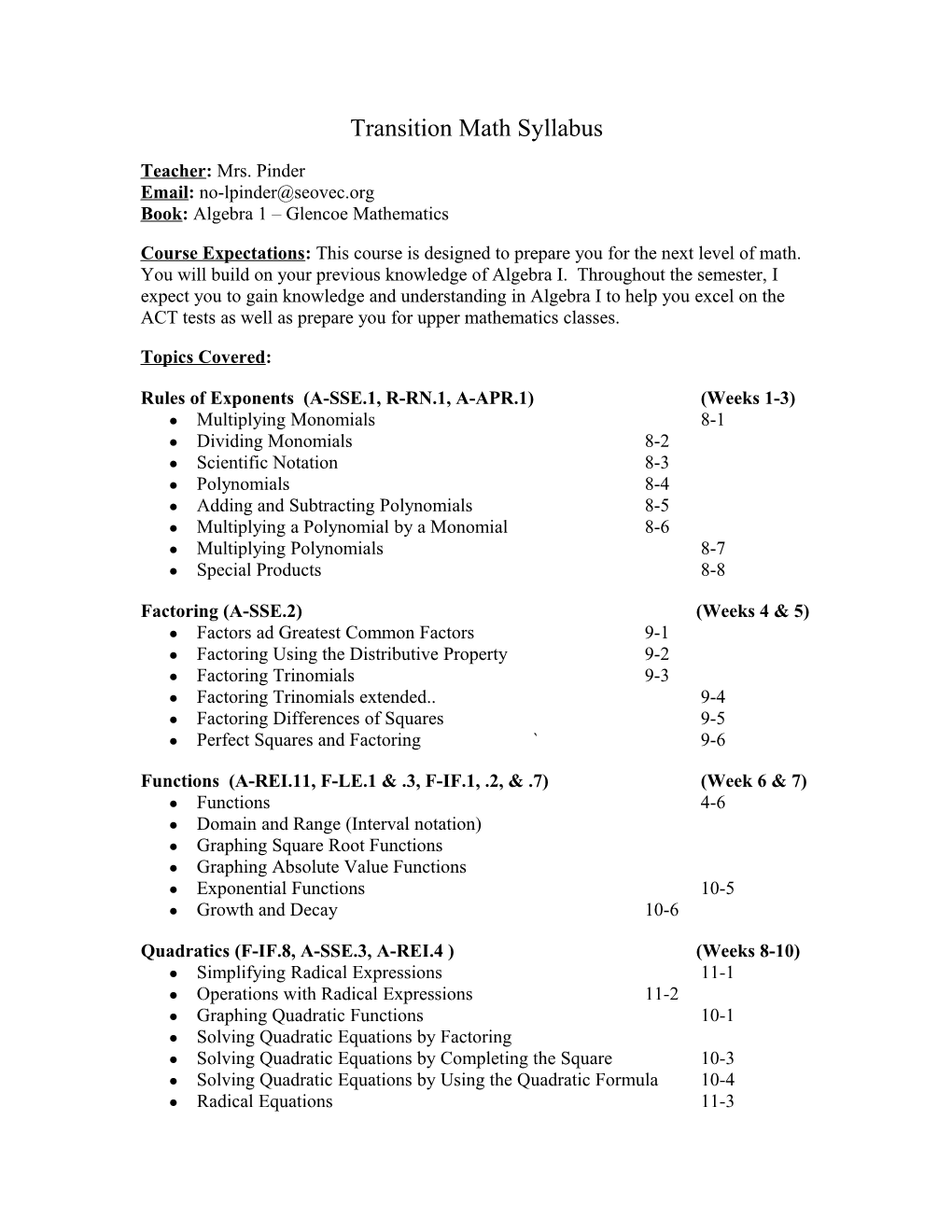 Transition Math Syllabus