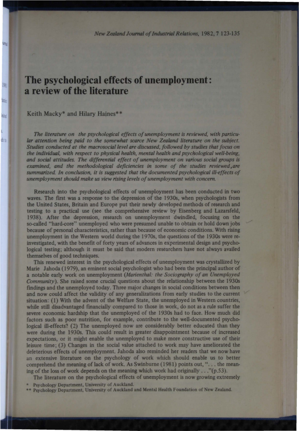 The Psychological Effects of Unemployment: a Review of the Literature