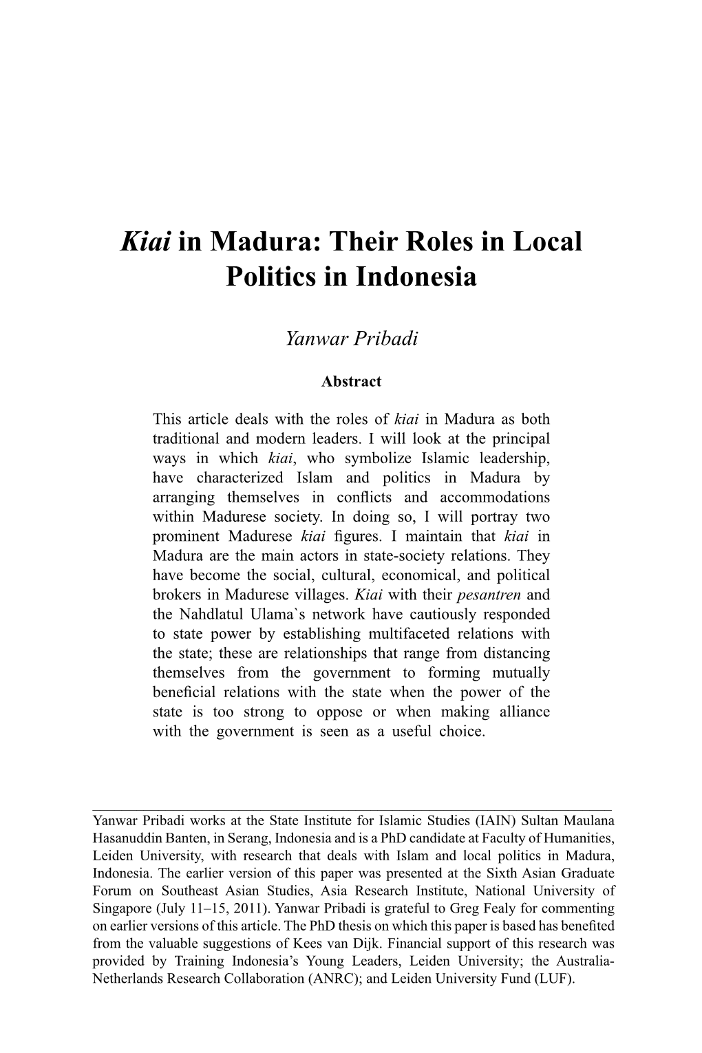Kiai in Madura: Their Roles in Local Politics in Indonesia