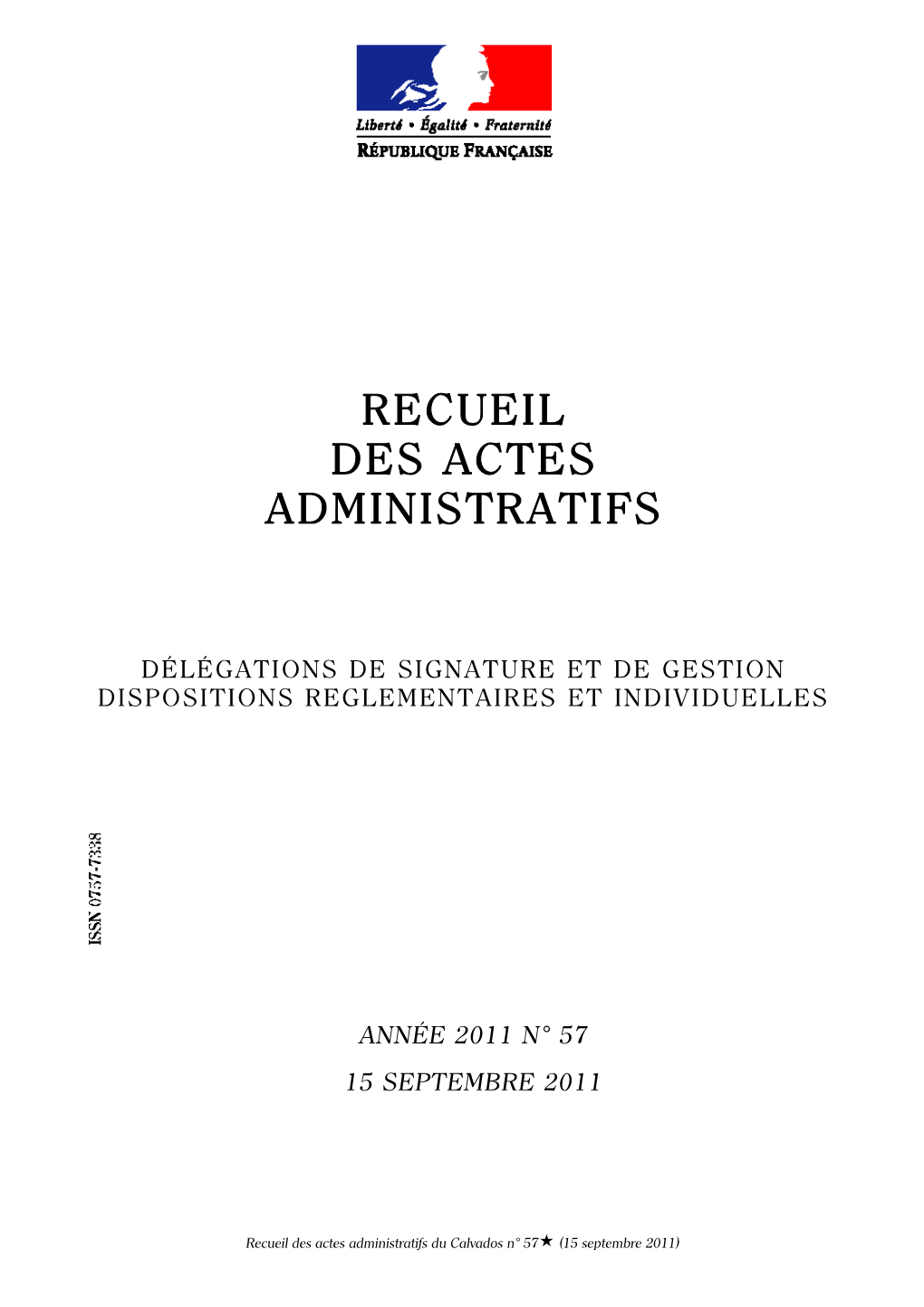 Recueil Des Actes Administratifs N° 57 Du 15 Septembre 2011