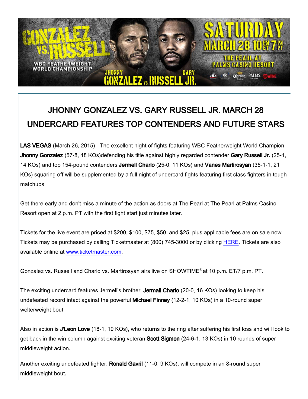 Jhonny Gonzalez Vs. Gary Russell Jr. March 28 Undercard Features Top Contenders and Future Stars