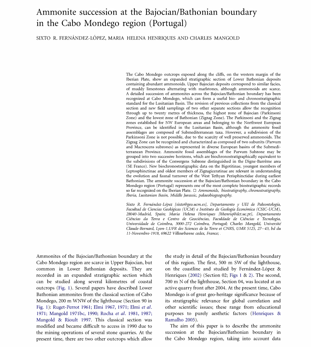 Ammonite Succession at the Bajocian/Bathonian Boundary in the Cabo Mondego Region (Portugal)