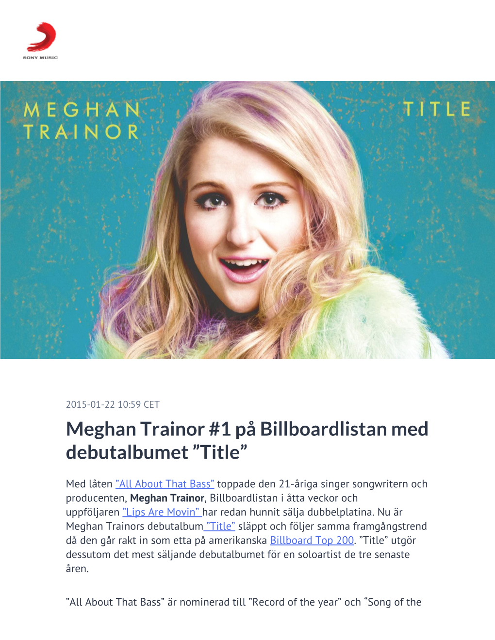 ​Meghan Trainor #1 På Billboardlistan Med Debutalbumet ”Title”