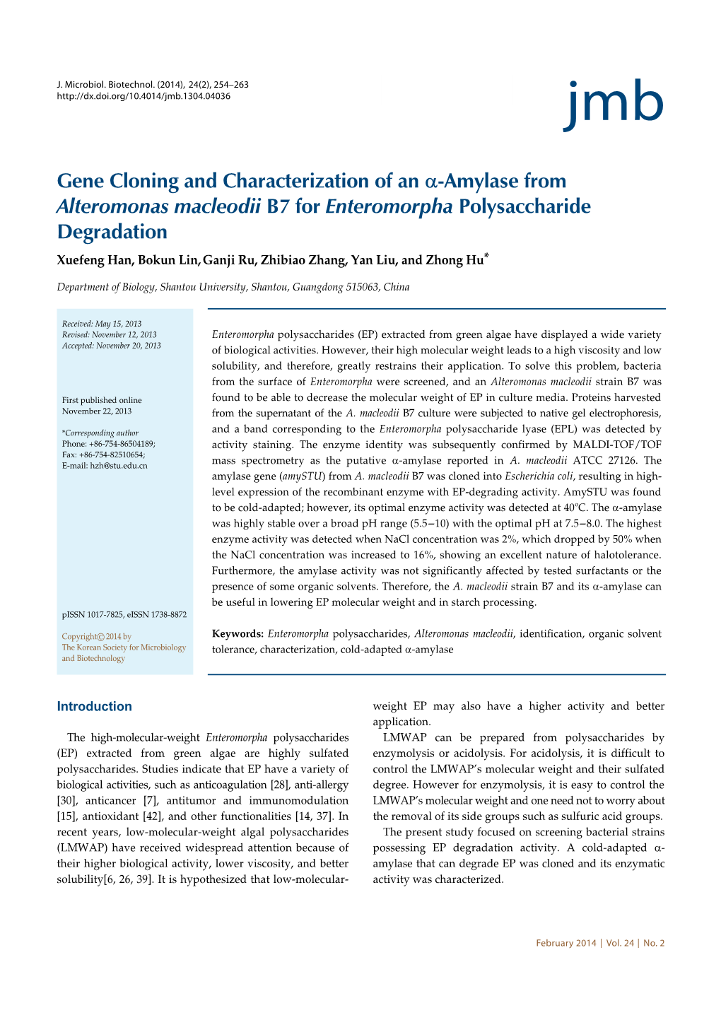 Gene Cloning and Characterization of an Α-Amylase from Alteromonas