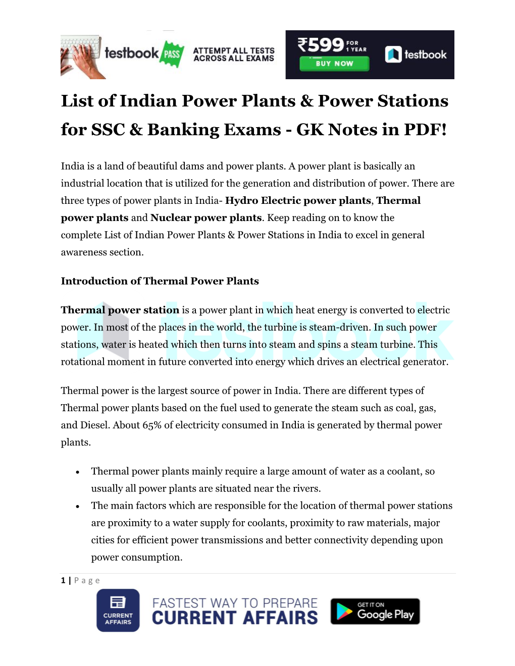 List of Indian Power Plants & Power Stations for SSC